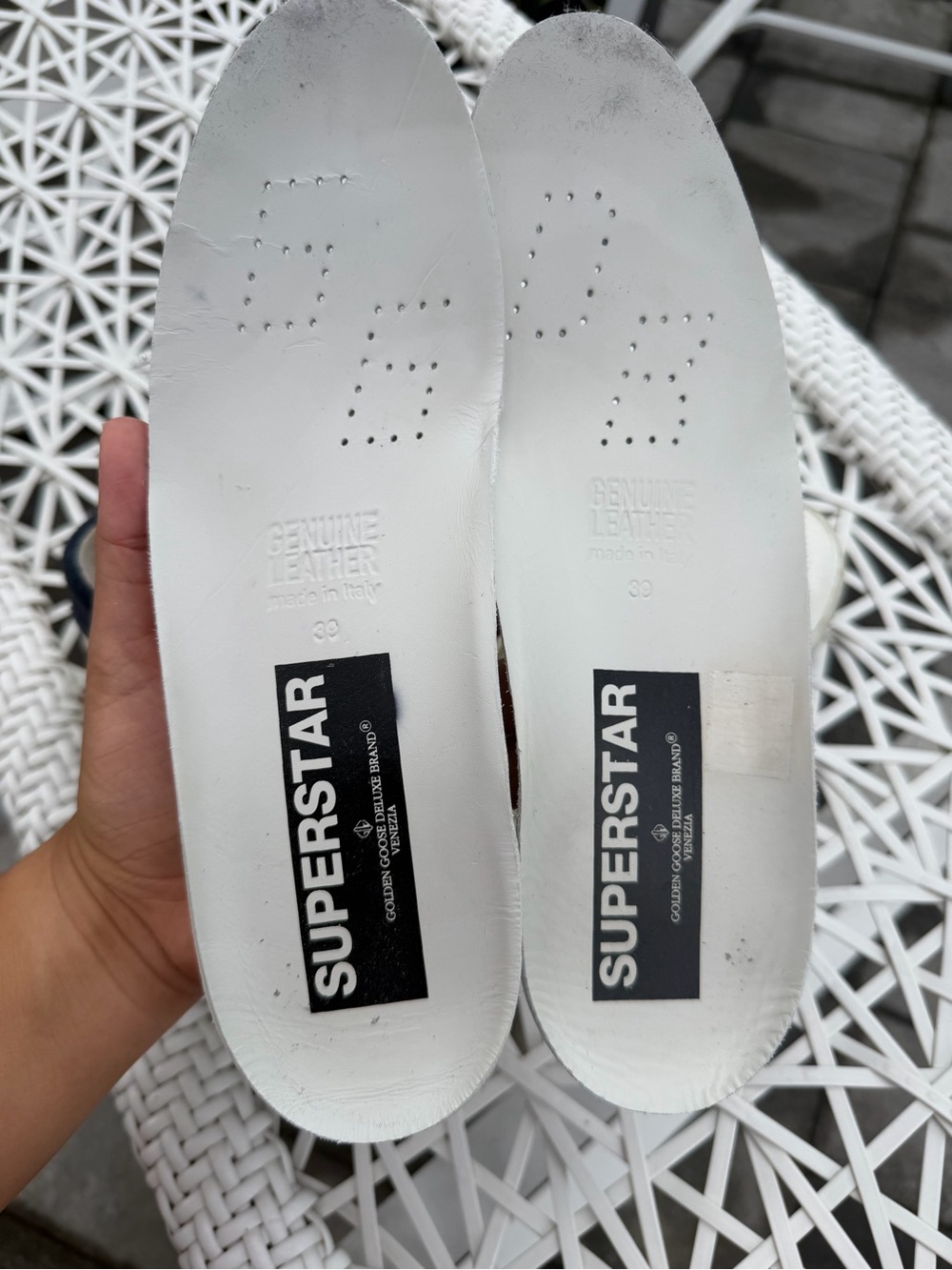 Golden Goose women’s White Leather Sneakers with Pink Glitter Star and Navy Heel - Picture 11 of 13